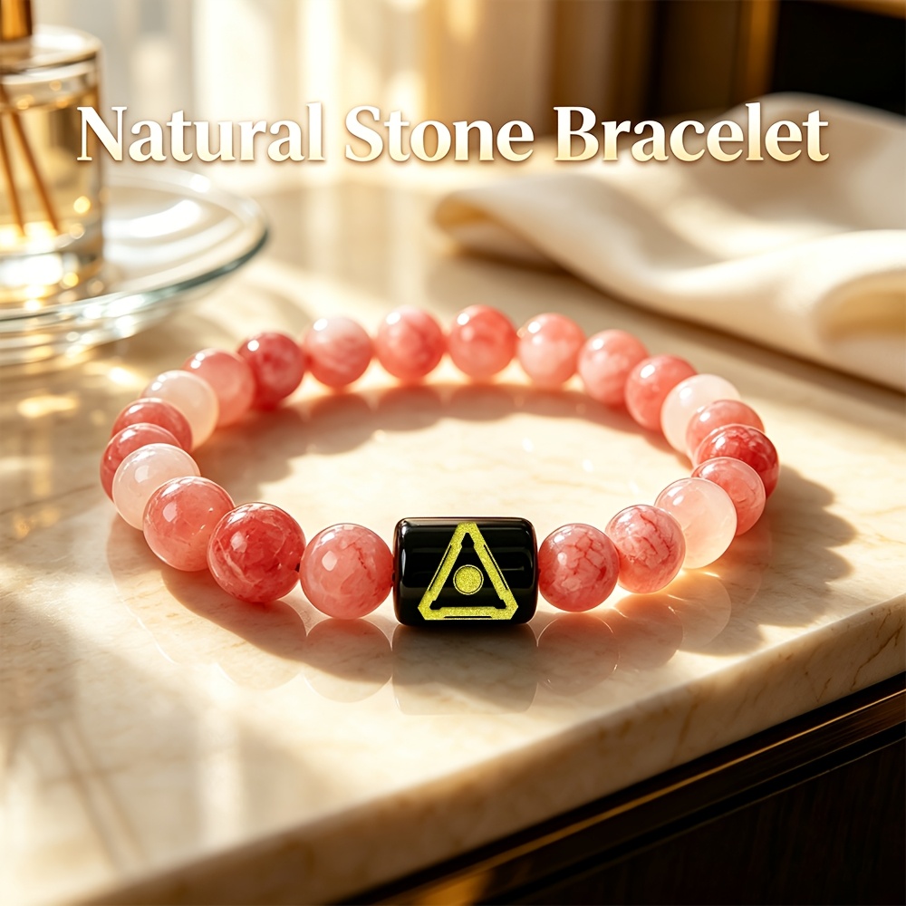 Women's Natural Pink Agate Stone Beaded Bracelet with Golden Accents